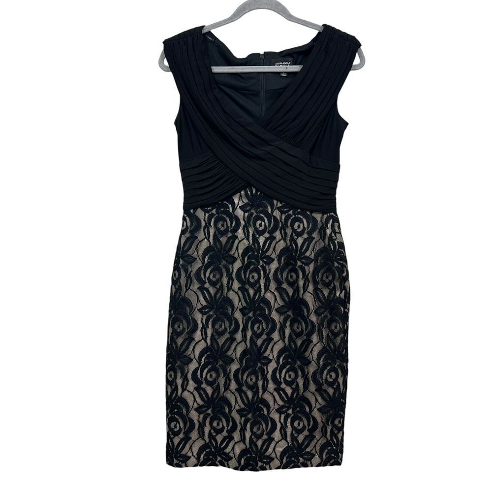 Adrianna Papell Women Sheath Dress VNeck Floral Lace Pleated Lined Nude Black 8*